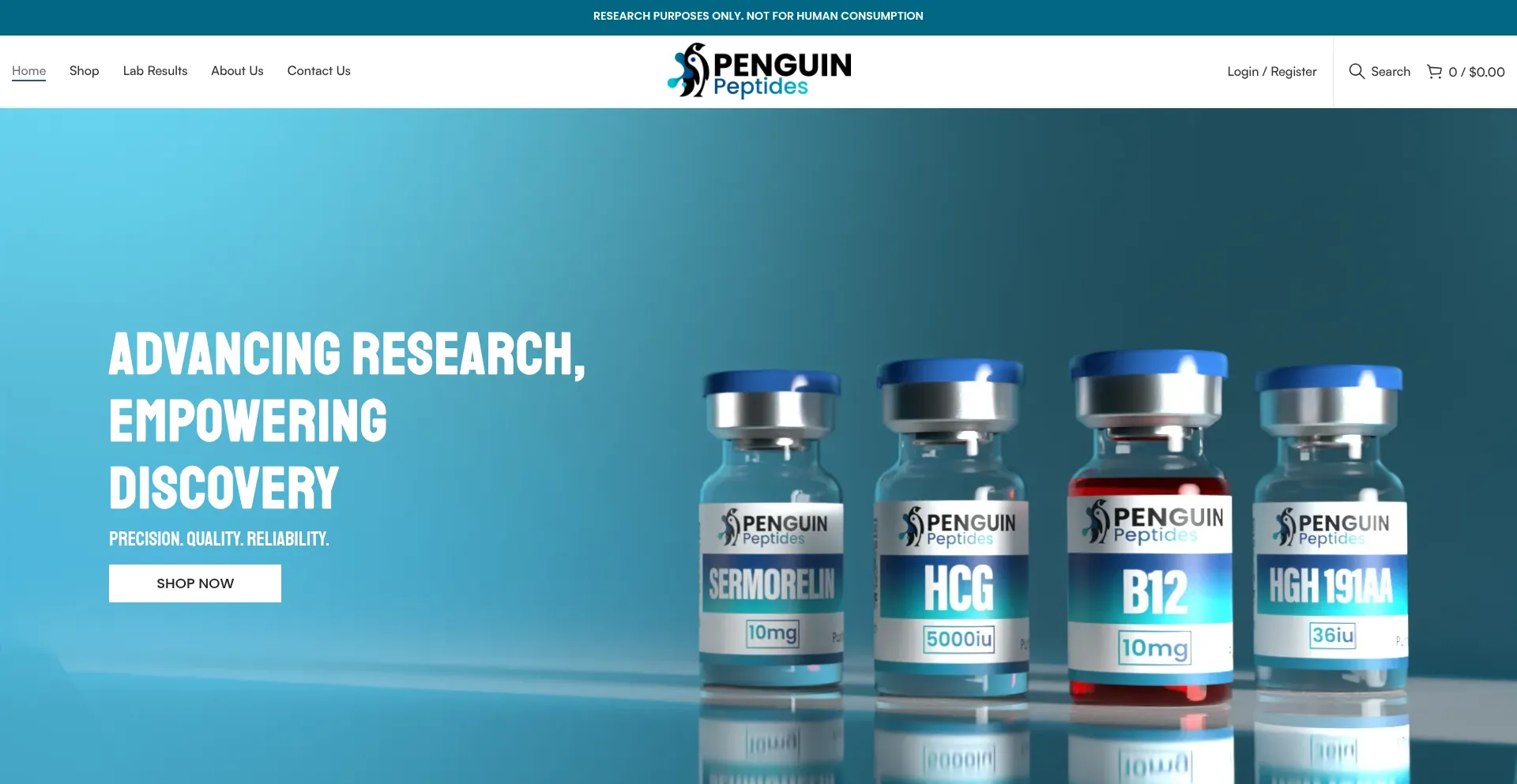 Website screenshot of Penguinpeptides.com