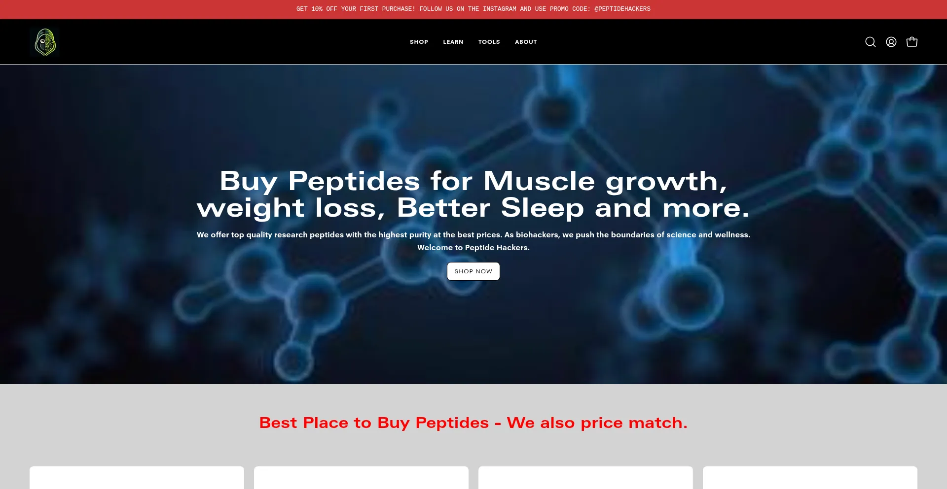 Website screenshot of Peptidehackers.com