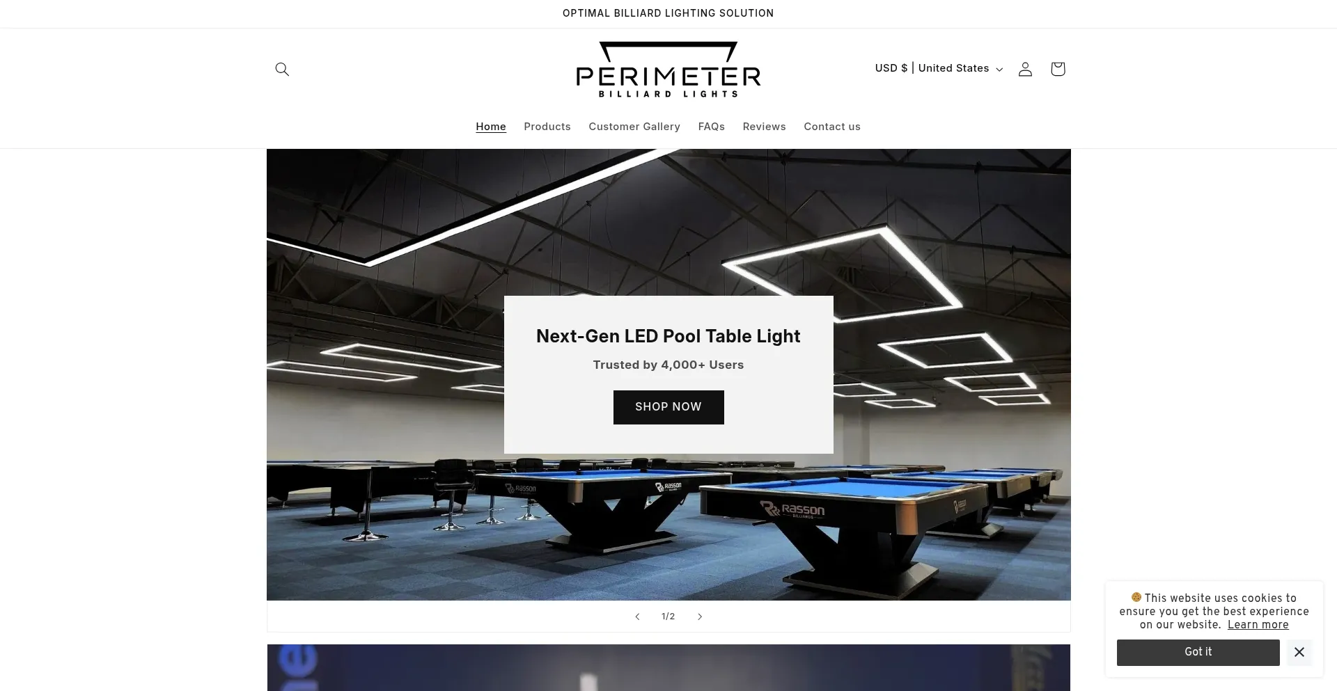 Website screenshot of Perimeterbilliardlights.com