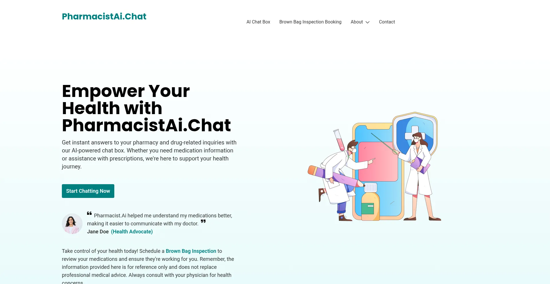 Website screenshot of Pharmacistai.chat