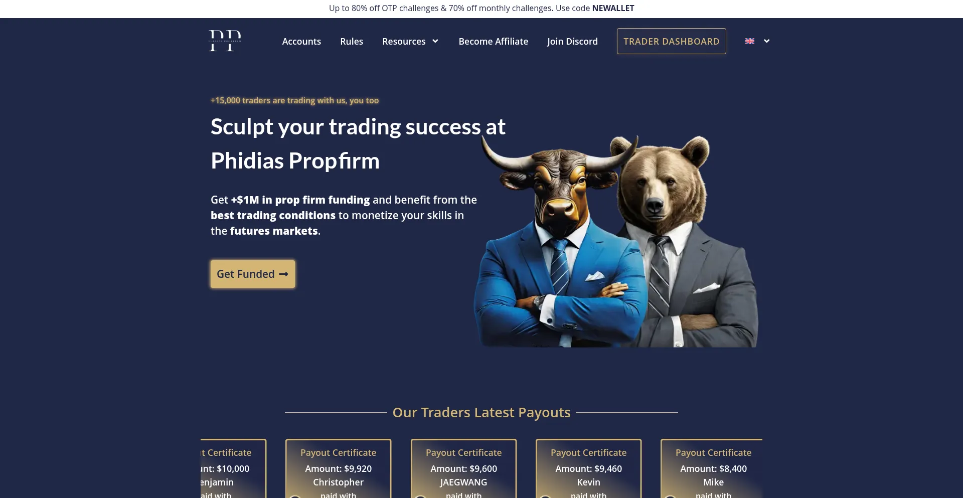 Website screenshot of Phidiaspropfirm.com