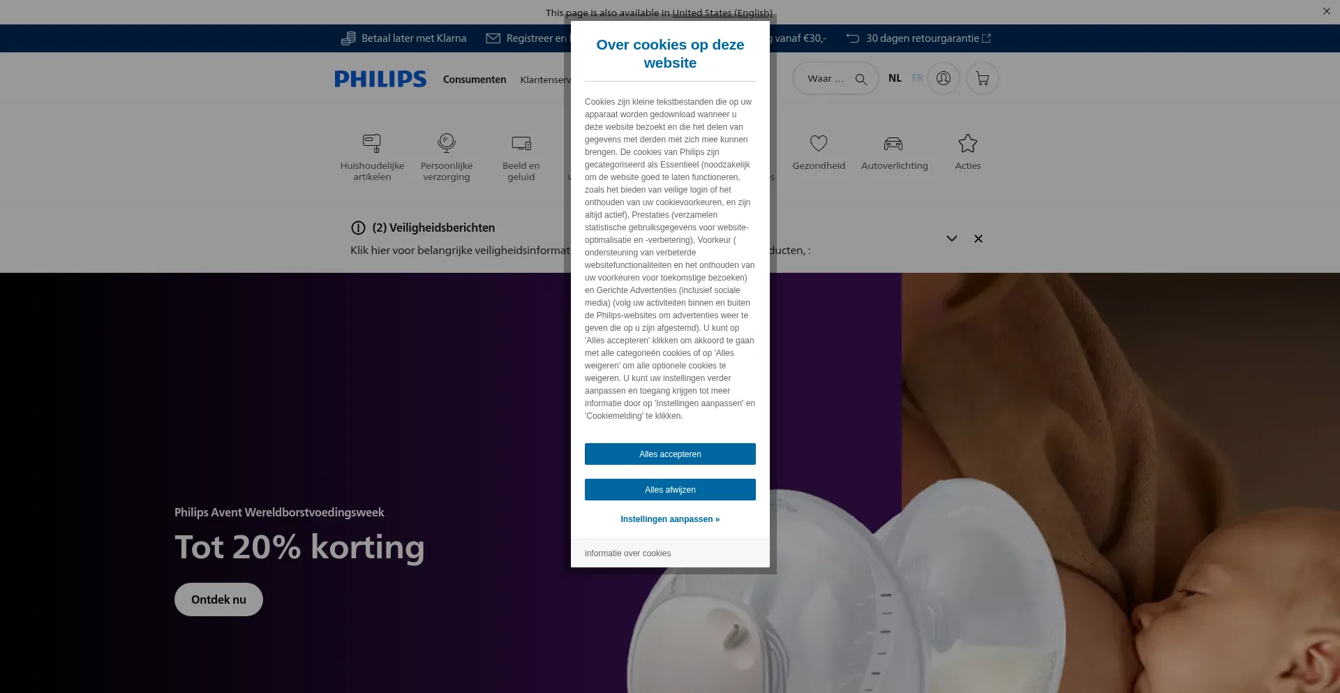 Website screenshot of Philips.be
