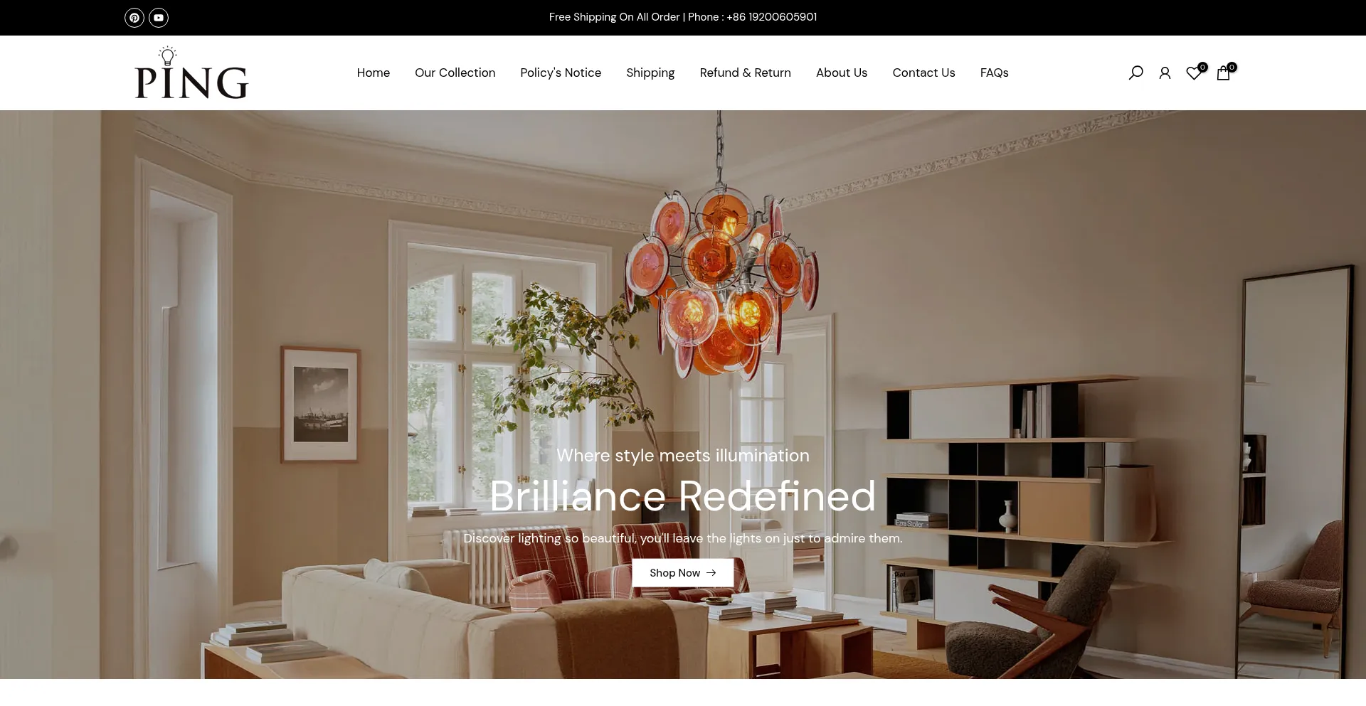 Website screenshot of Pinglighting.co.uk