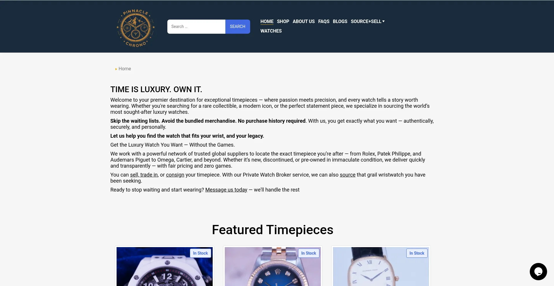 Website screenshot of Pinnaclechrono.com