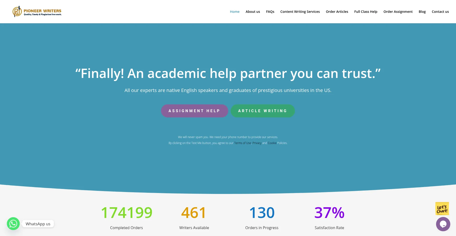 Website screenshot of Pioneerwriters.com