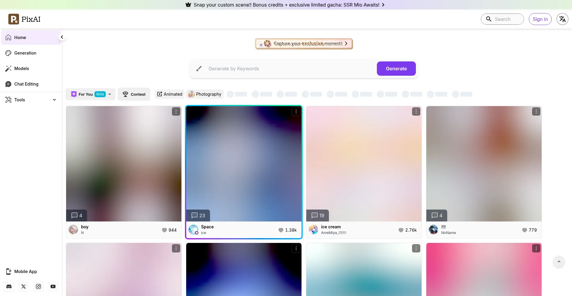 Website screenshot of Pixai.art