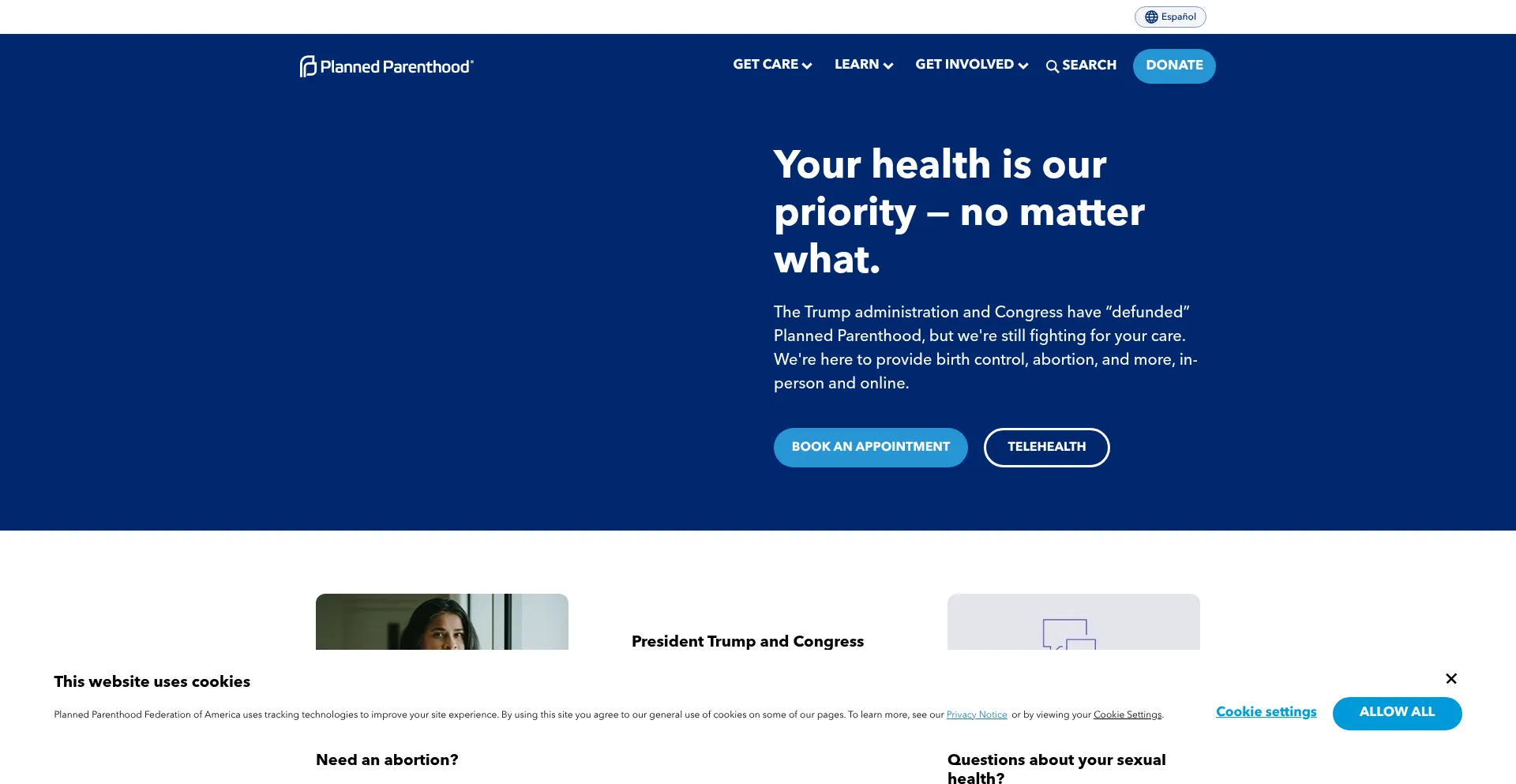 Website screenshot of Plannedparenthood.org