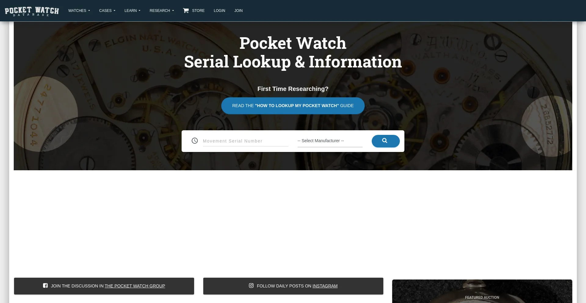 Website screenshot of Pocketwatchdatabase.com