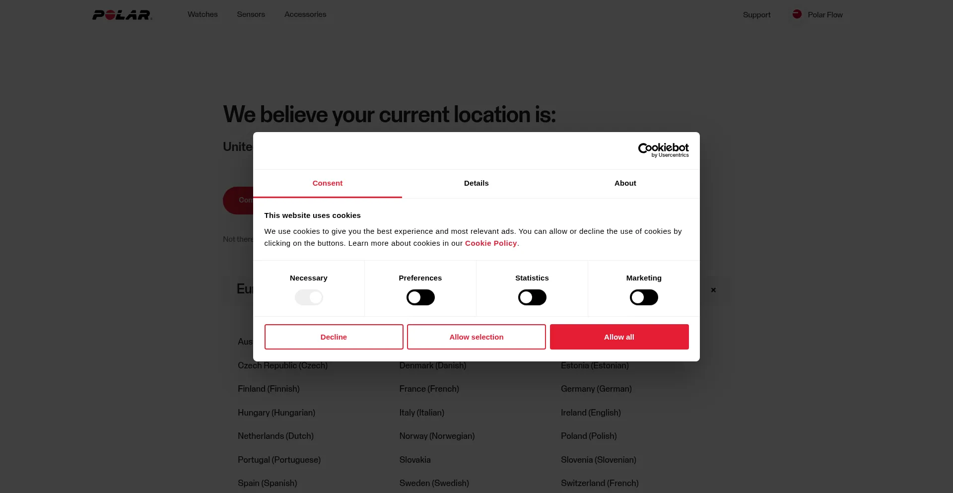 Website screenshot of Polar.com