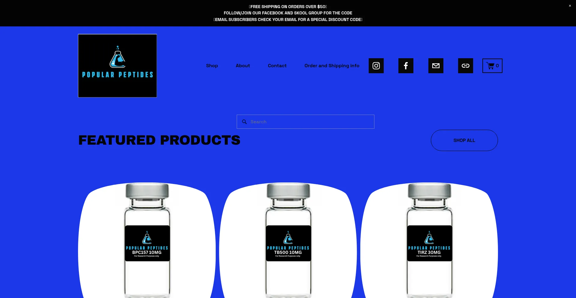 Website screenshot of Popularpeptides.com