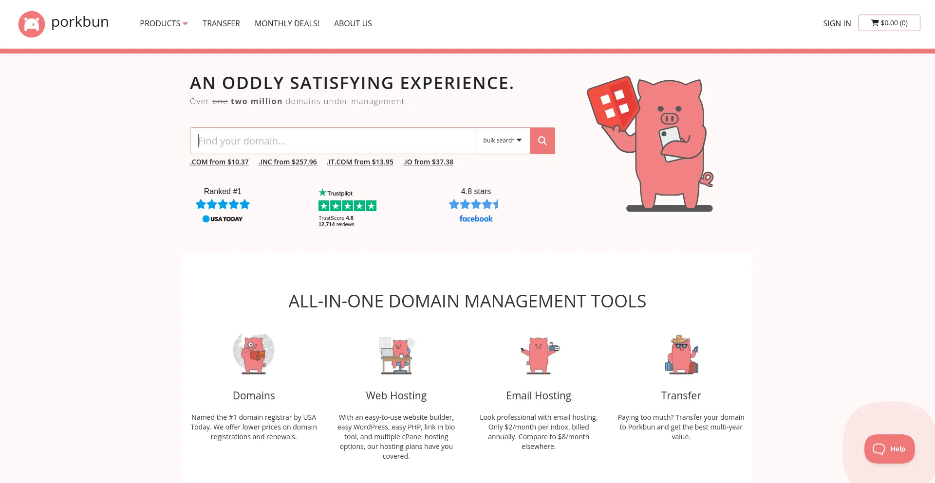 Website screenshot of Porkbun.com
