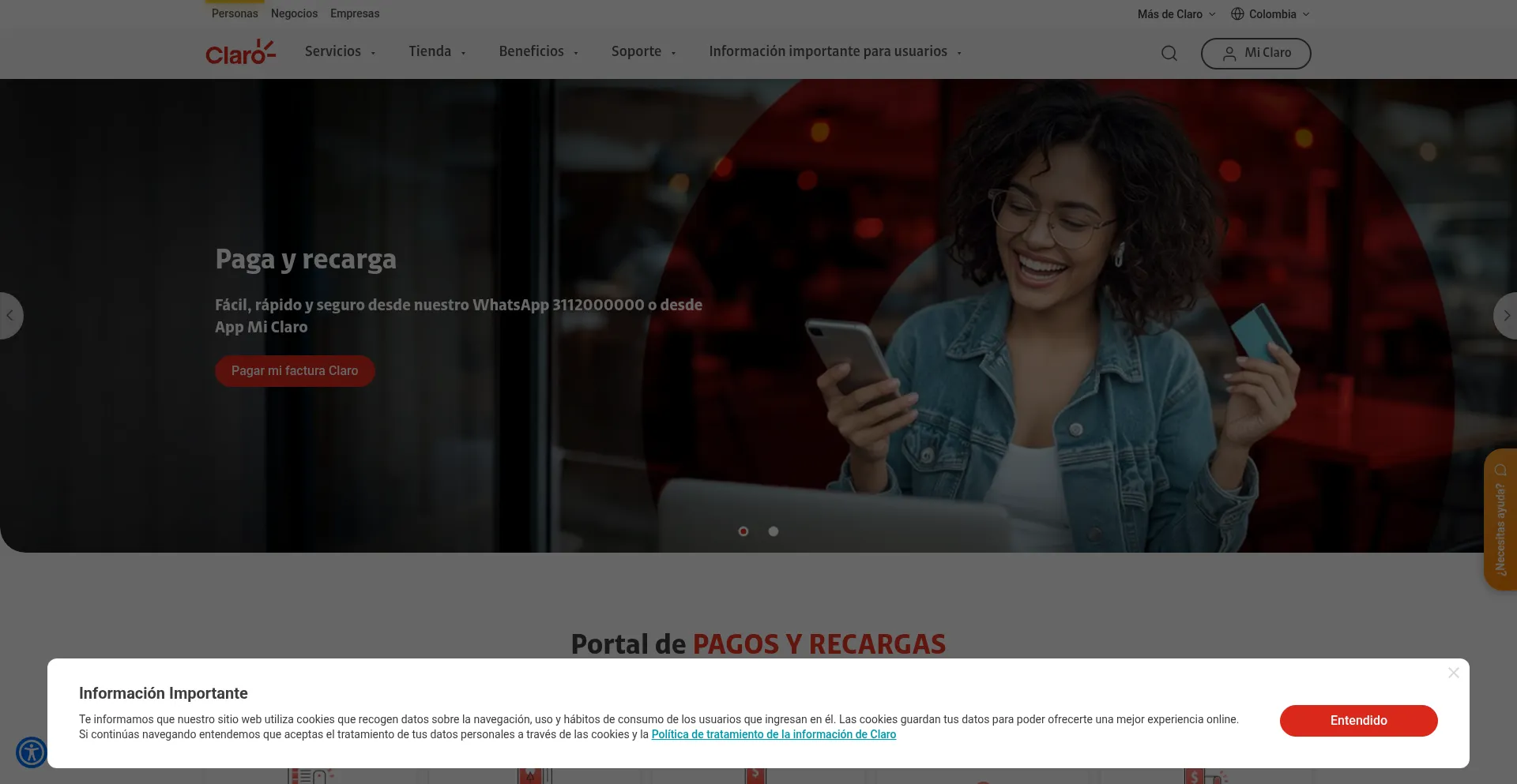 Website screenshot of Portalpagos.claro.com.co