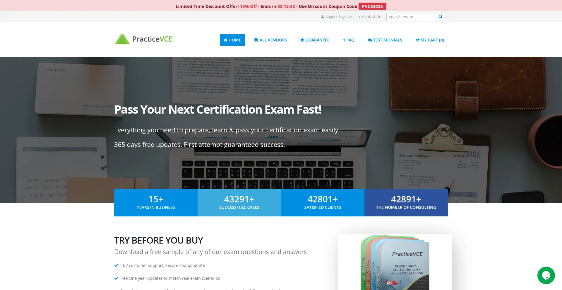 Website screenshot of Practicevce.com