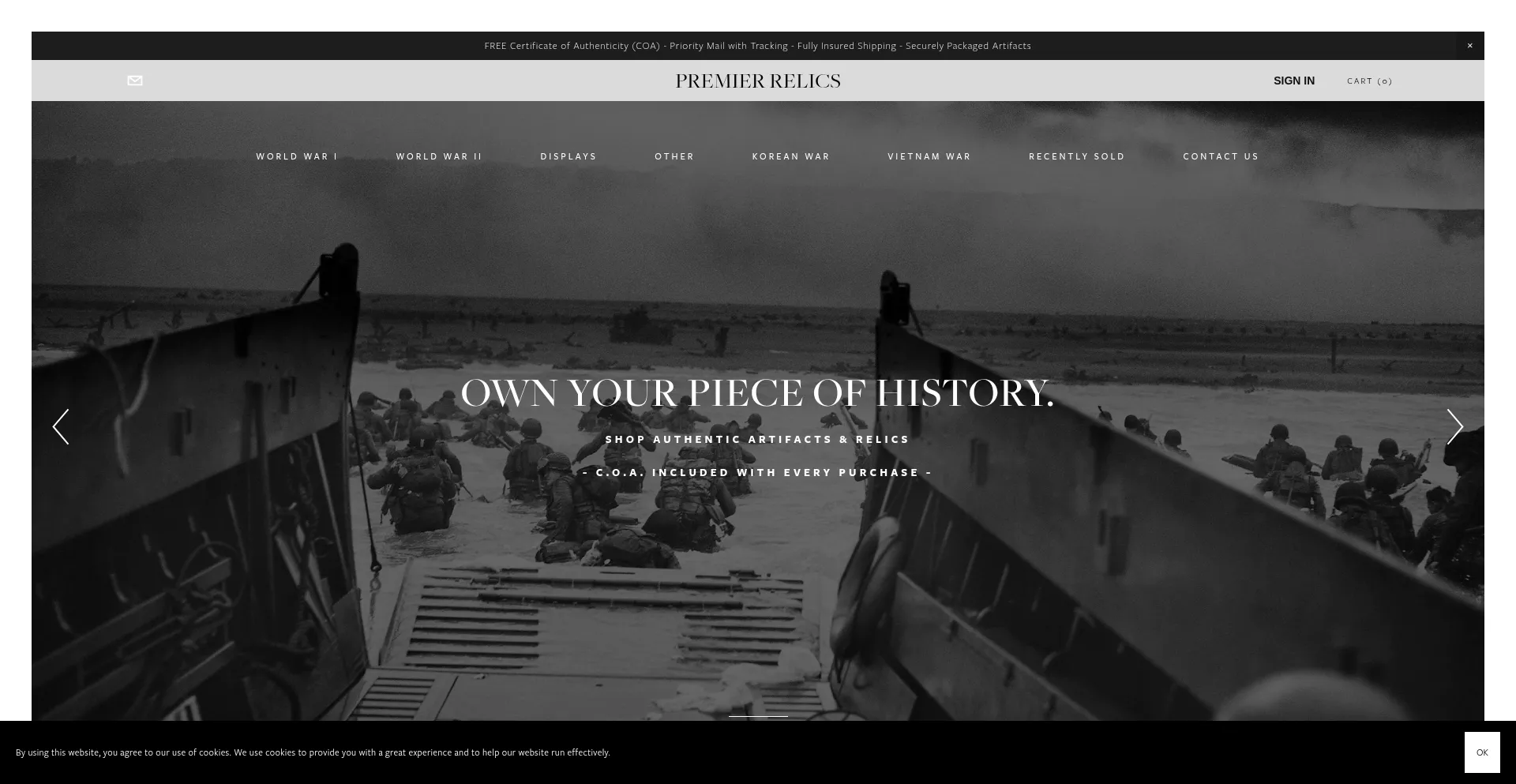 Website screenshot of Premierrelics.com