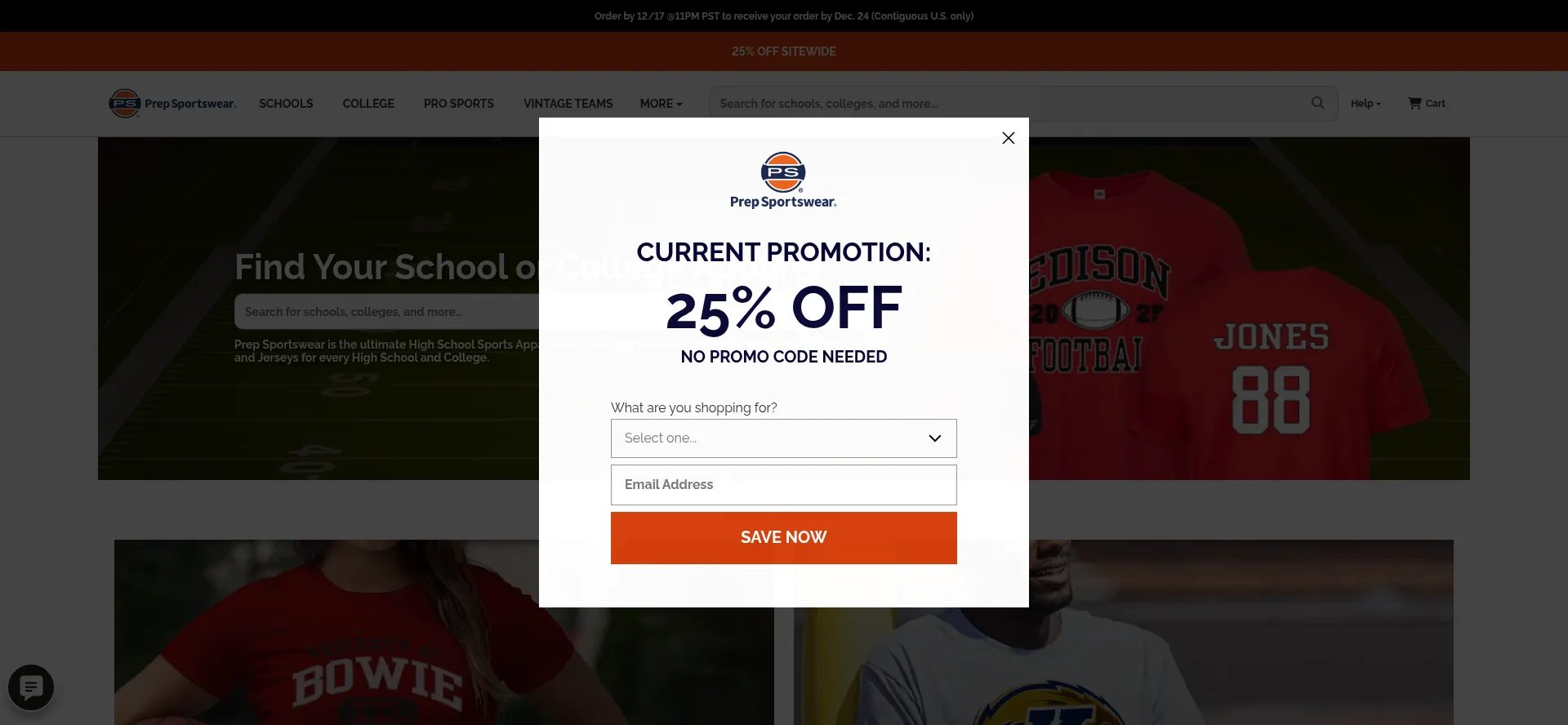Website screenshot of Prepsportswear.com