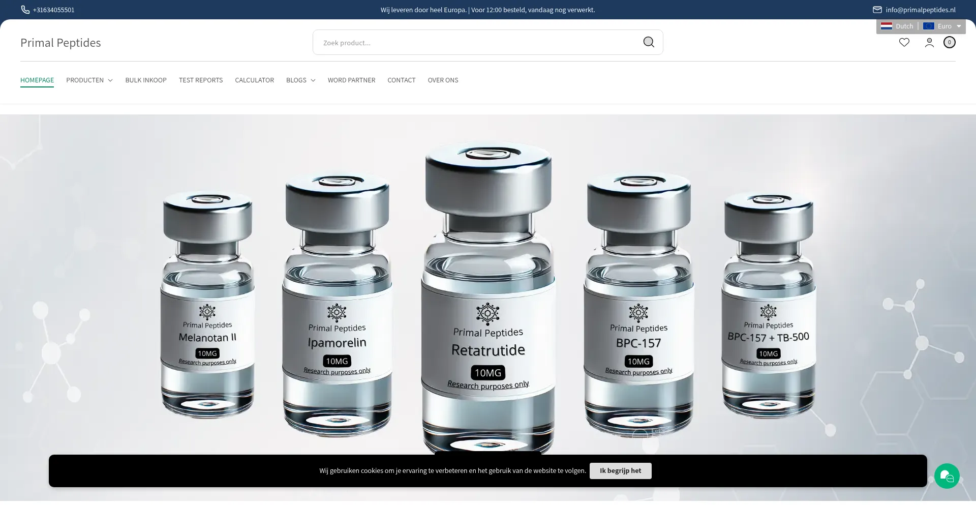 Website screenshot of Primalpeptides.nl