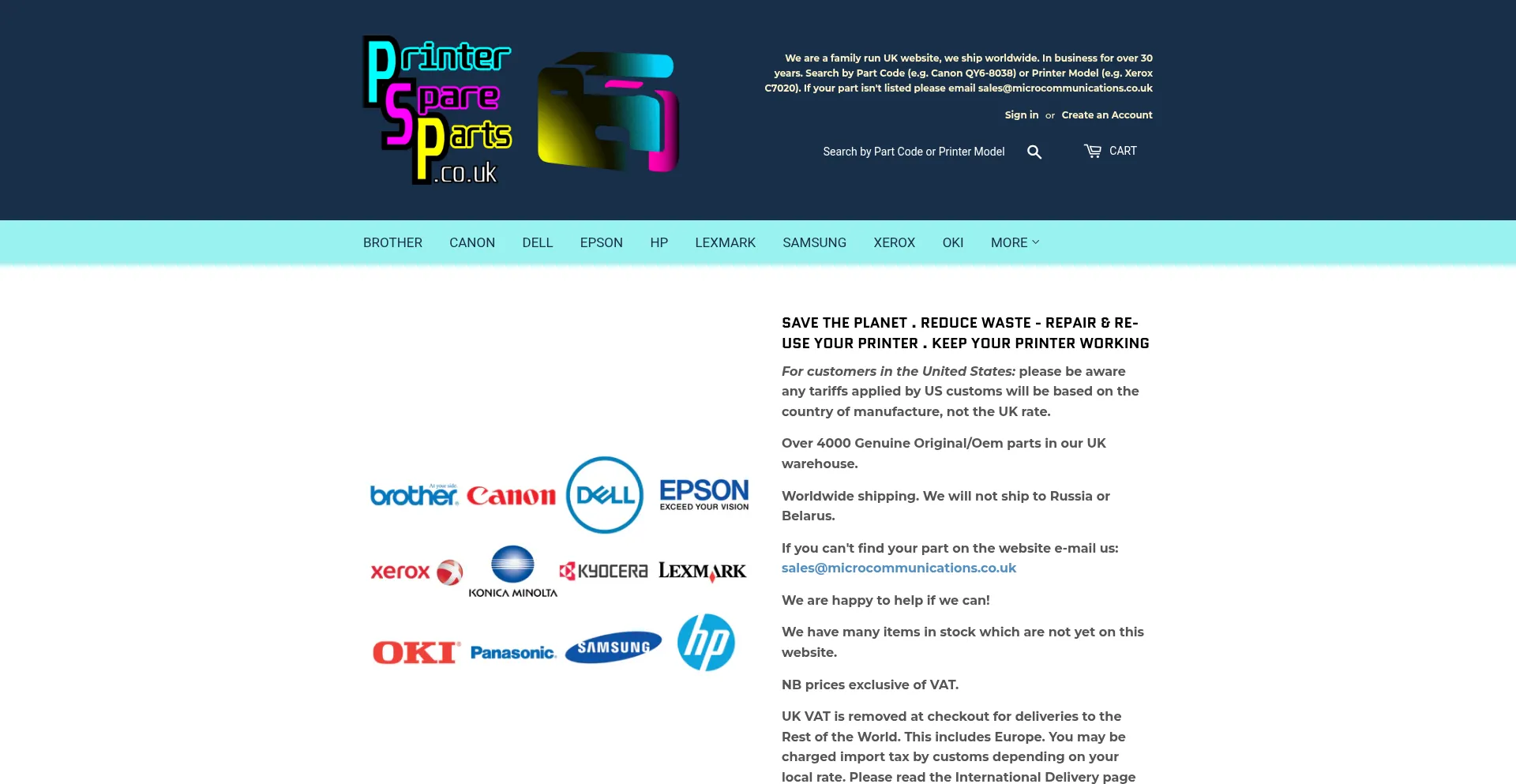 Website screenshot of Printerspareparts.co.uk
