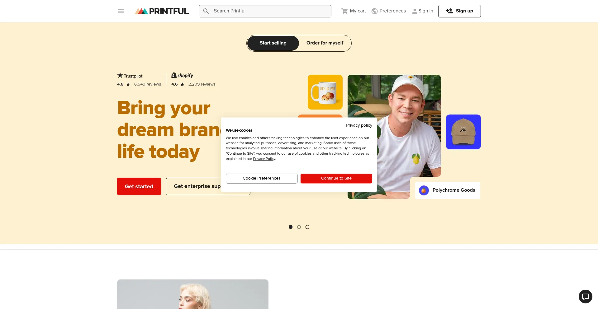Website screenshot of Printful.me
