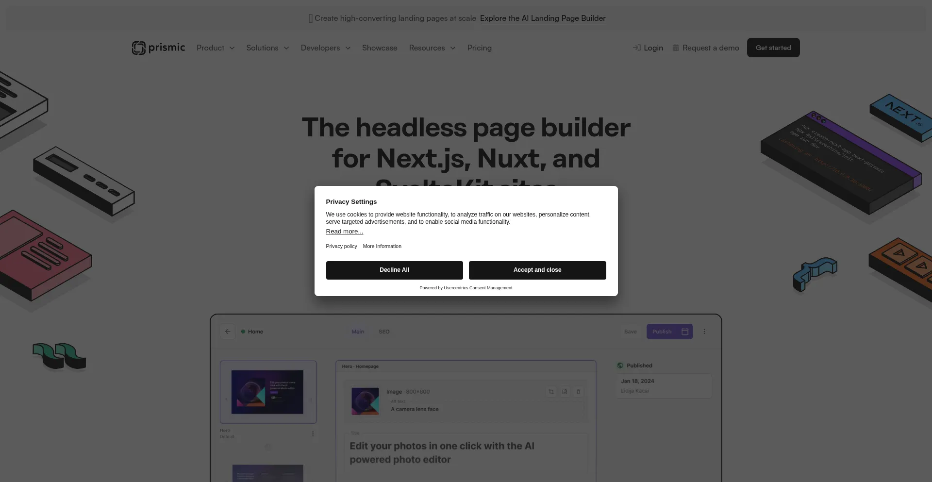 Website screenshot of Prismic.io