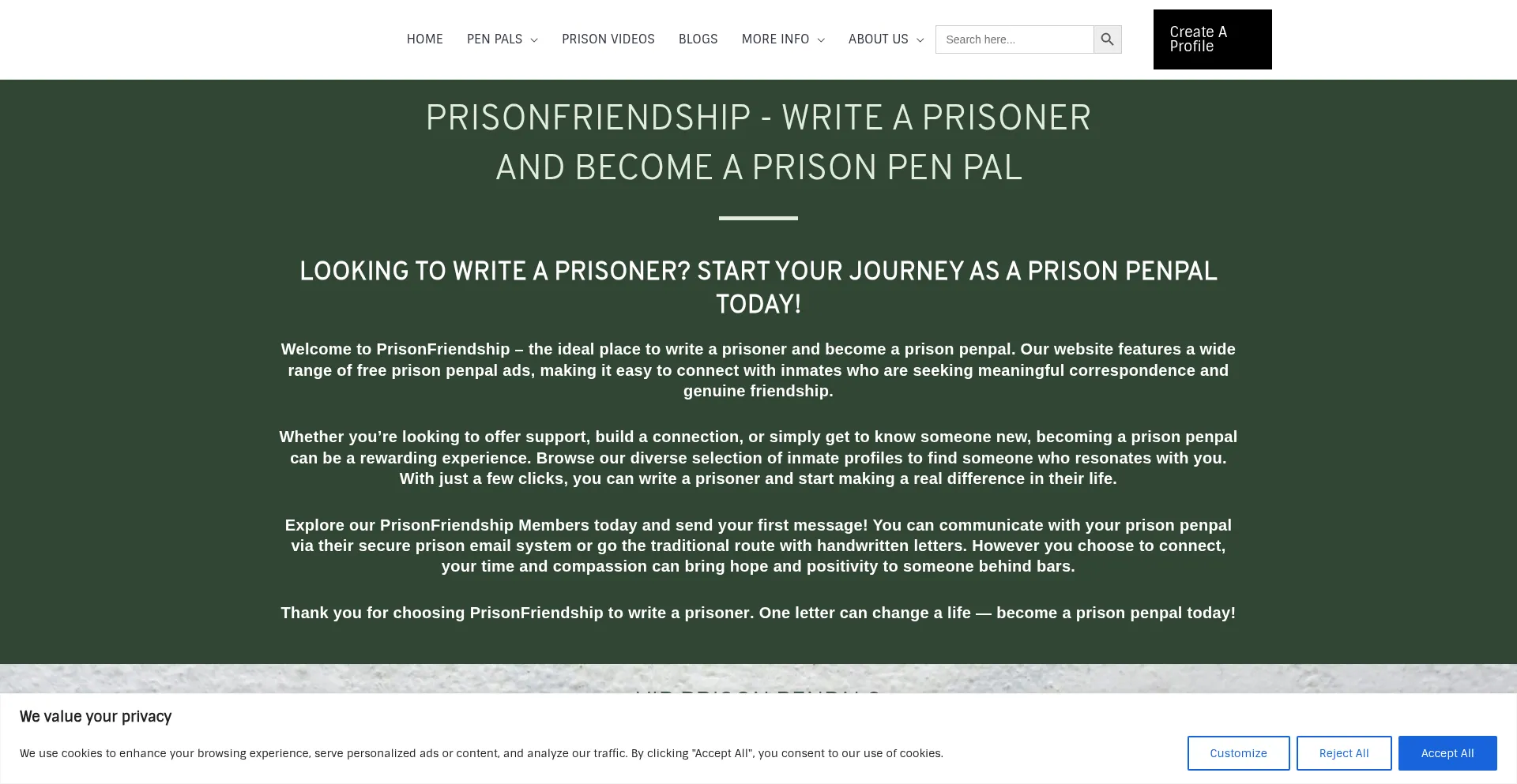 Website screenshot of Prisonfriendship.com