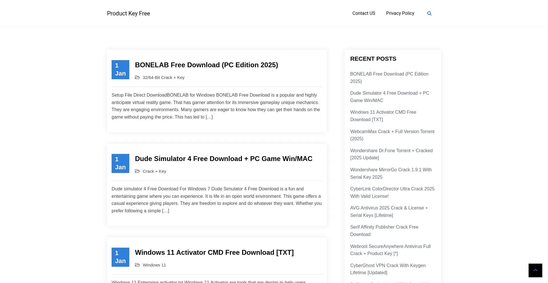 Website screenshot of Productkeyfree.org