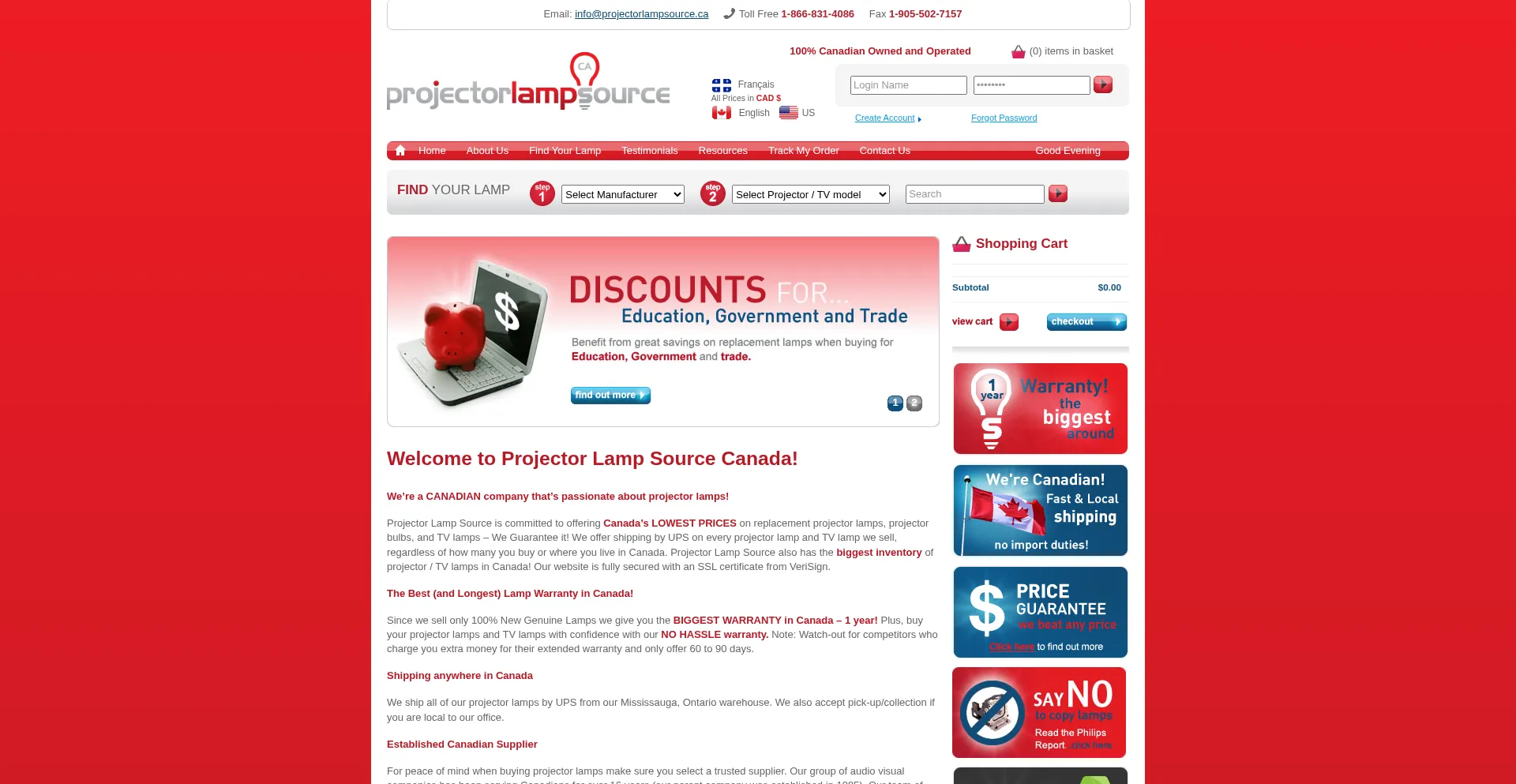 Website screenshot of Projectorlampsource.ca