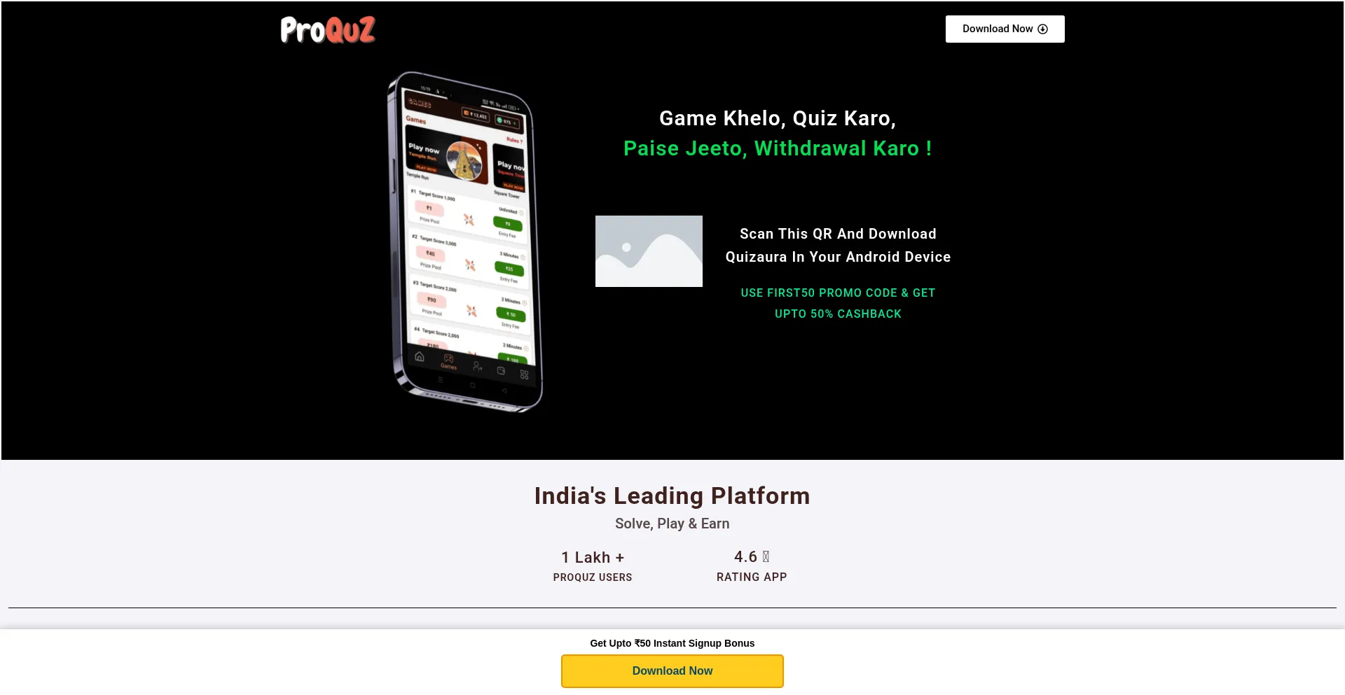 Website screenshot of Proquz.live