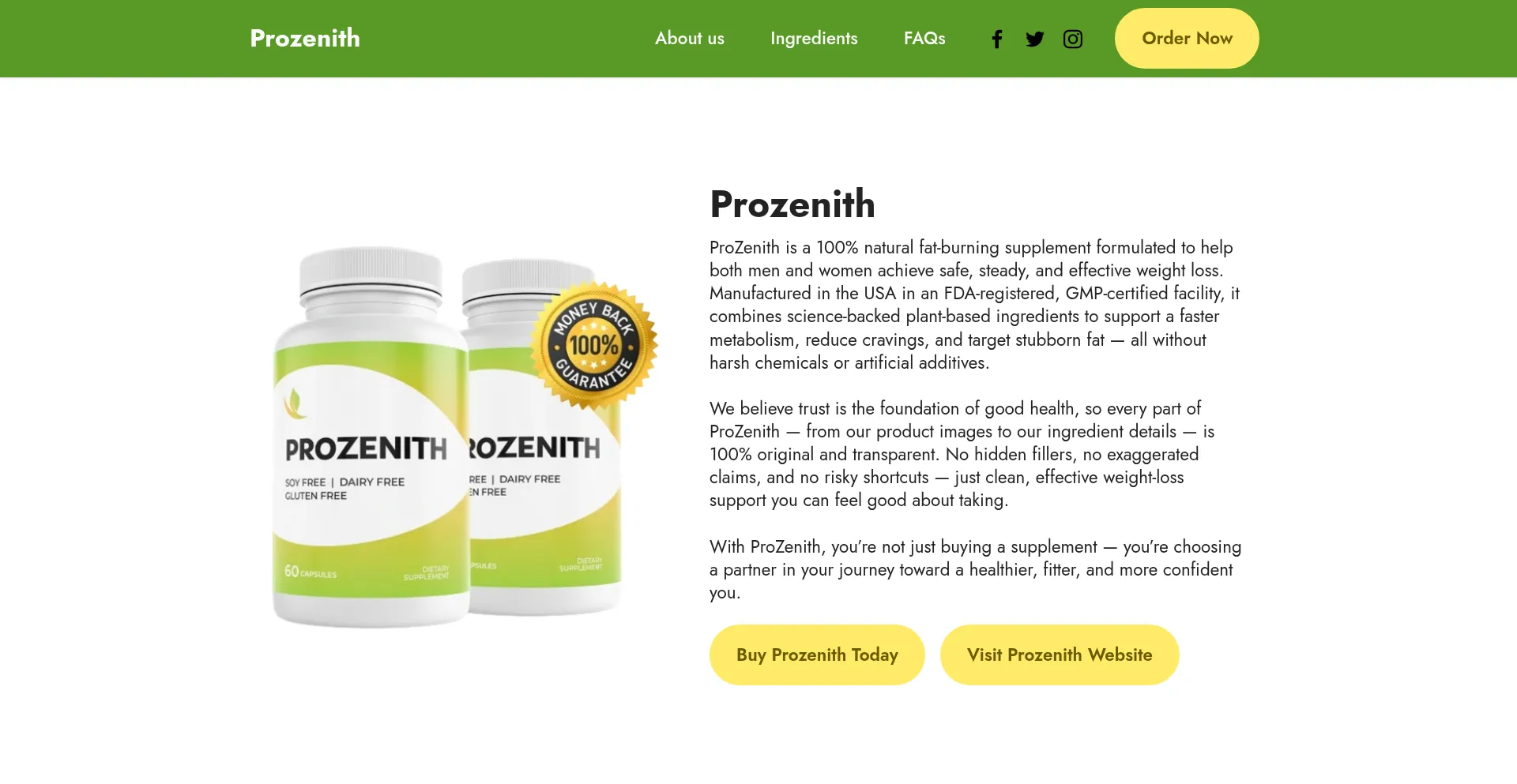 Website screenshot of Prozenithformula.com