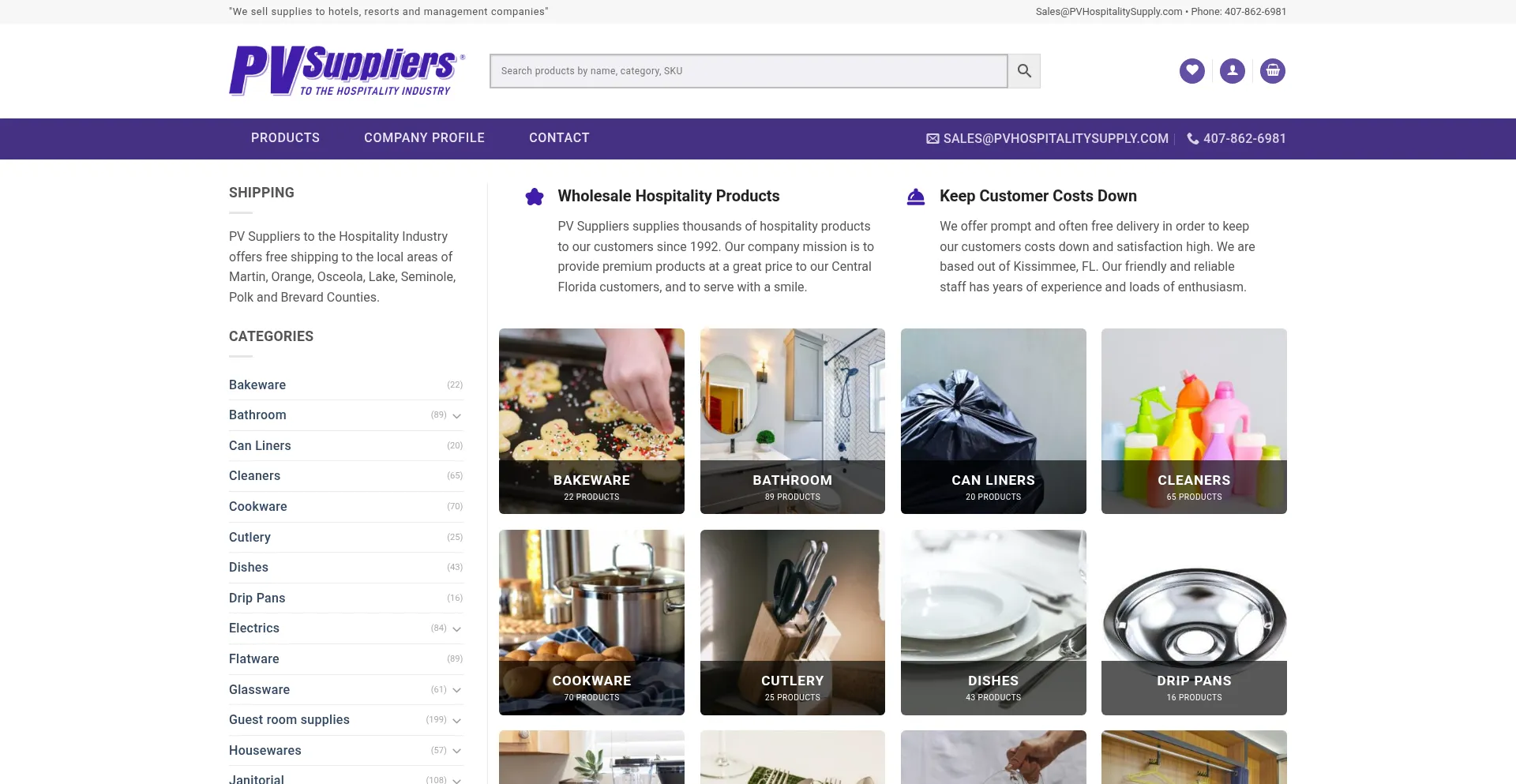 Website screenshot of Pvhospitalitysupply.com