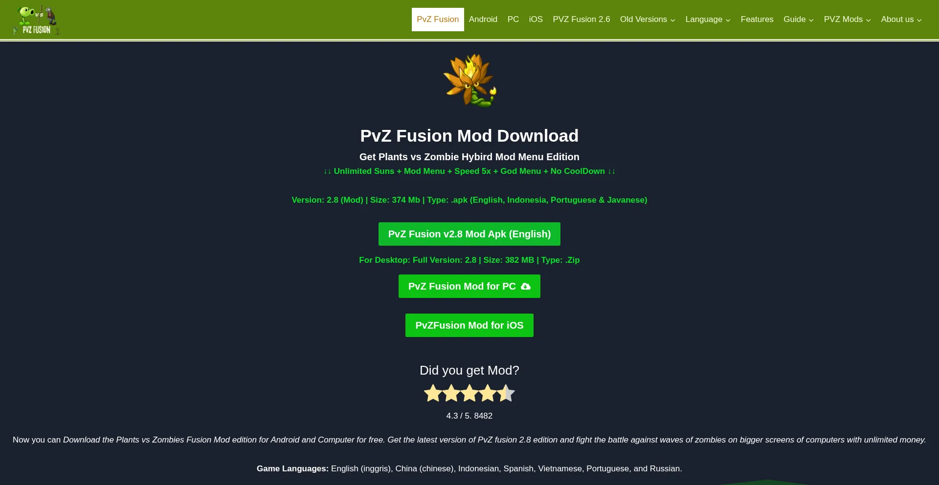 Website screenshot of Pvzfusion.net