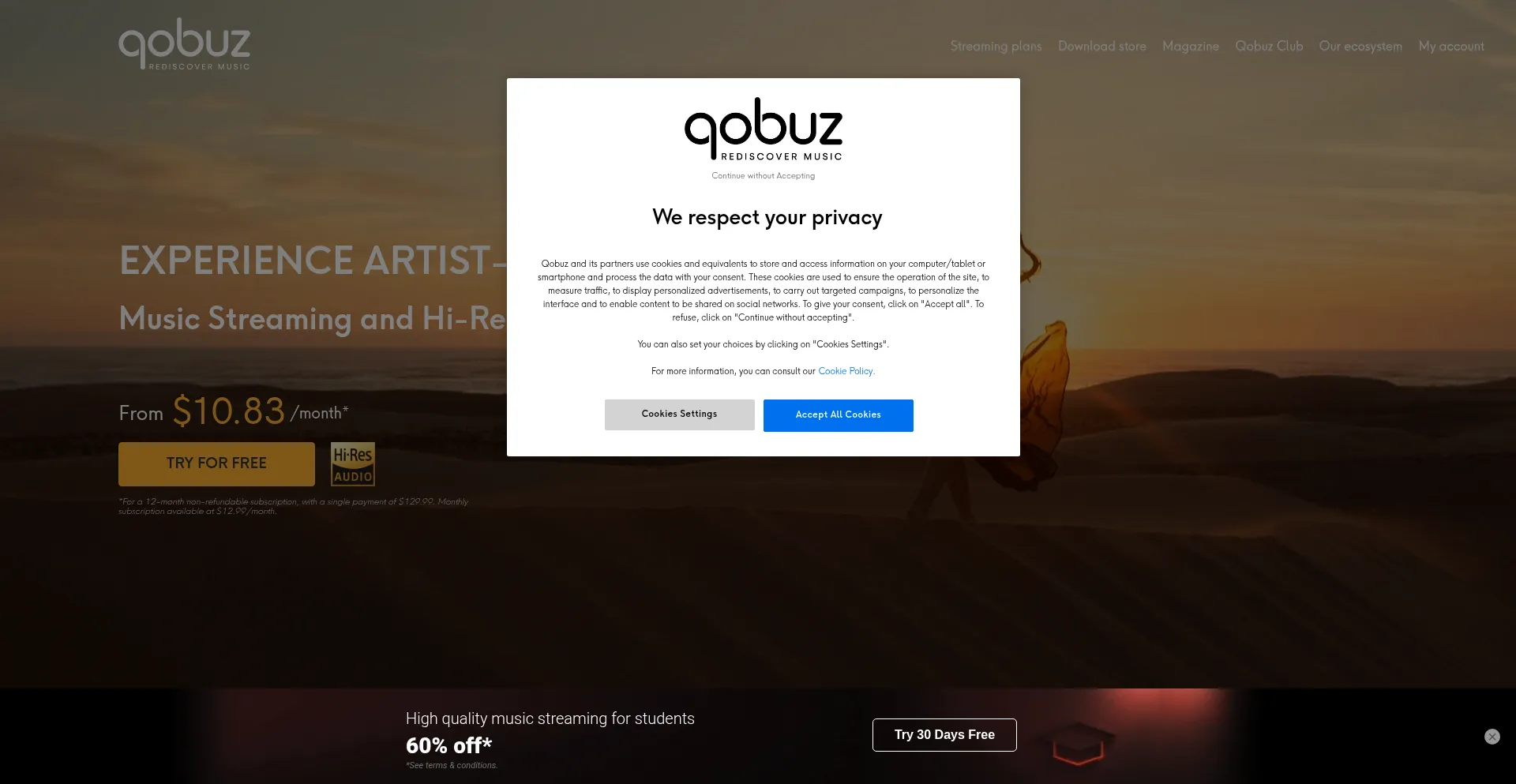 Website screenshot of Qobuz.com