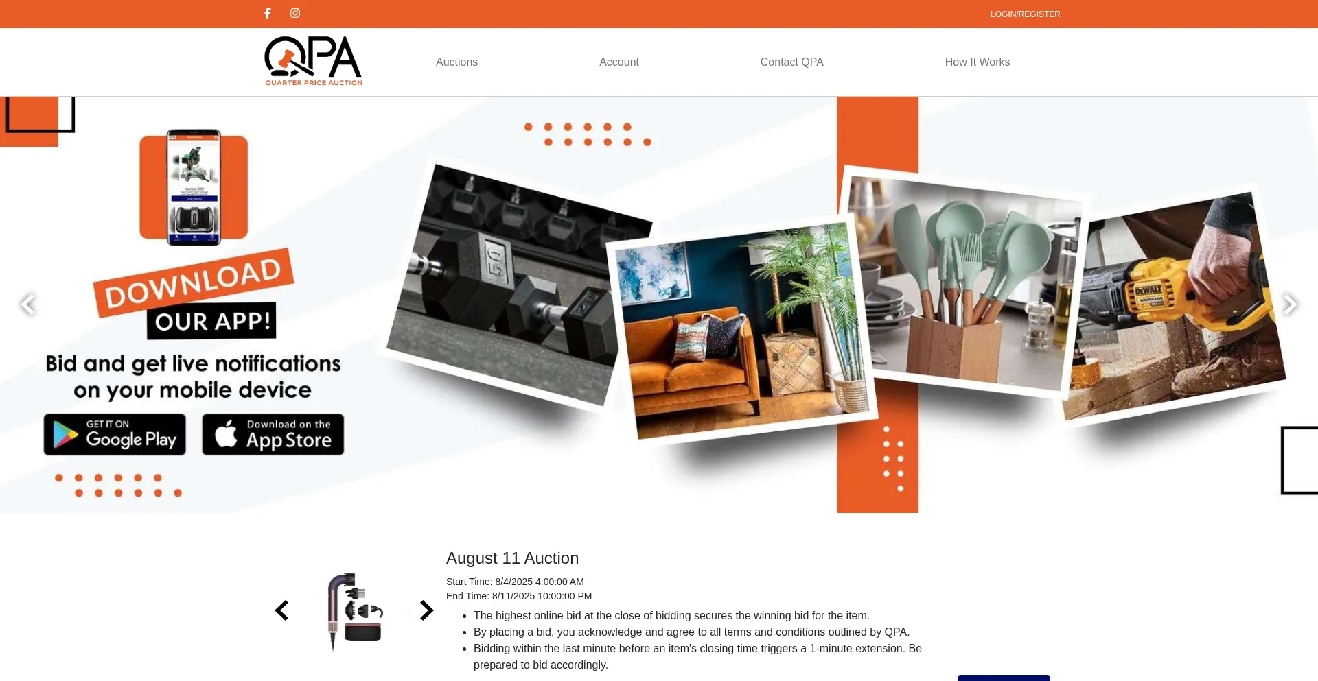 Website screenshot of Quarterpriceauction.com