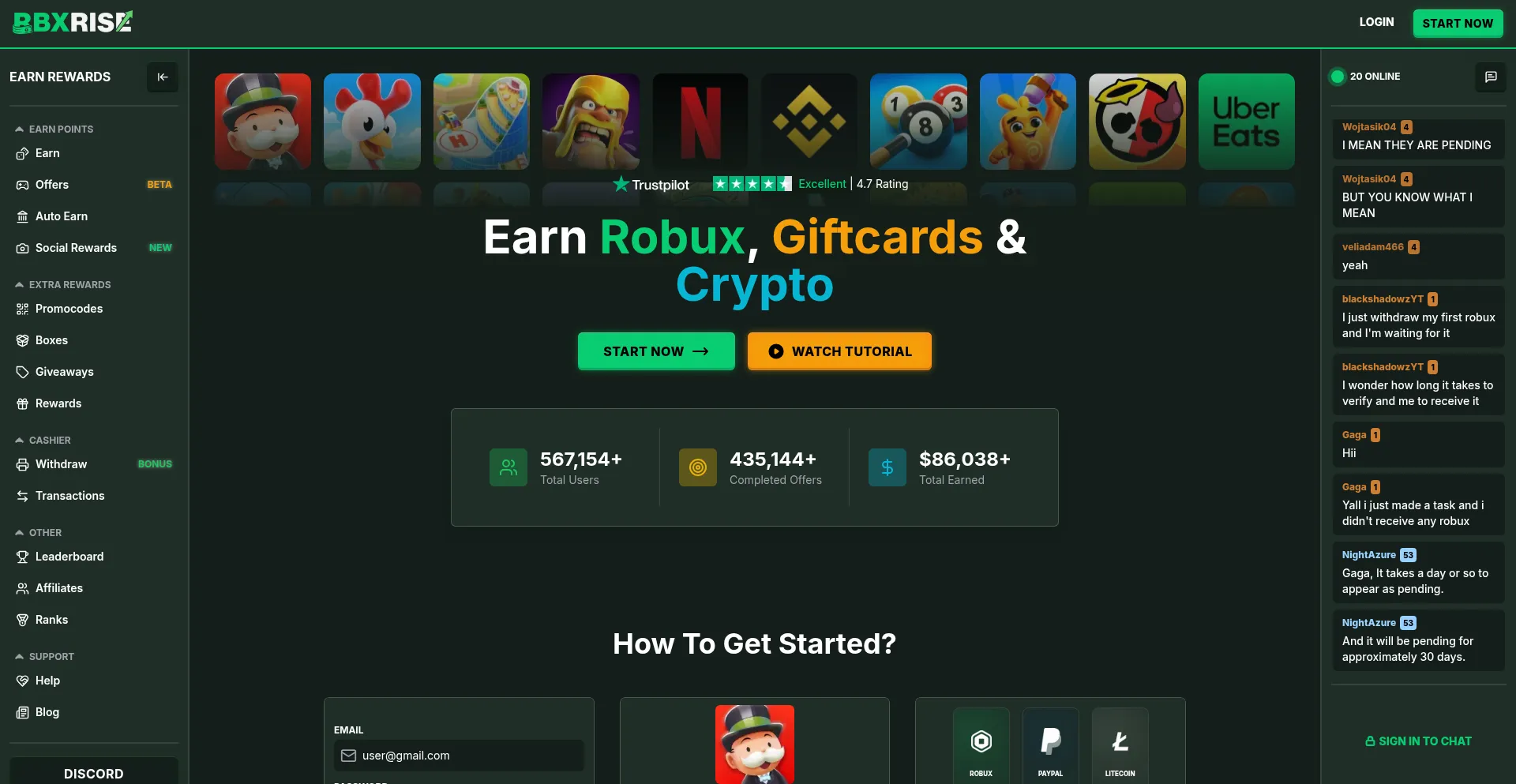 Website screenshot of Rbxrise.com
