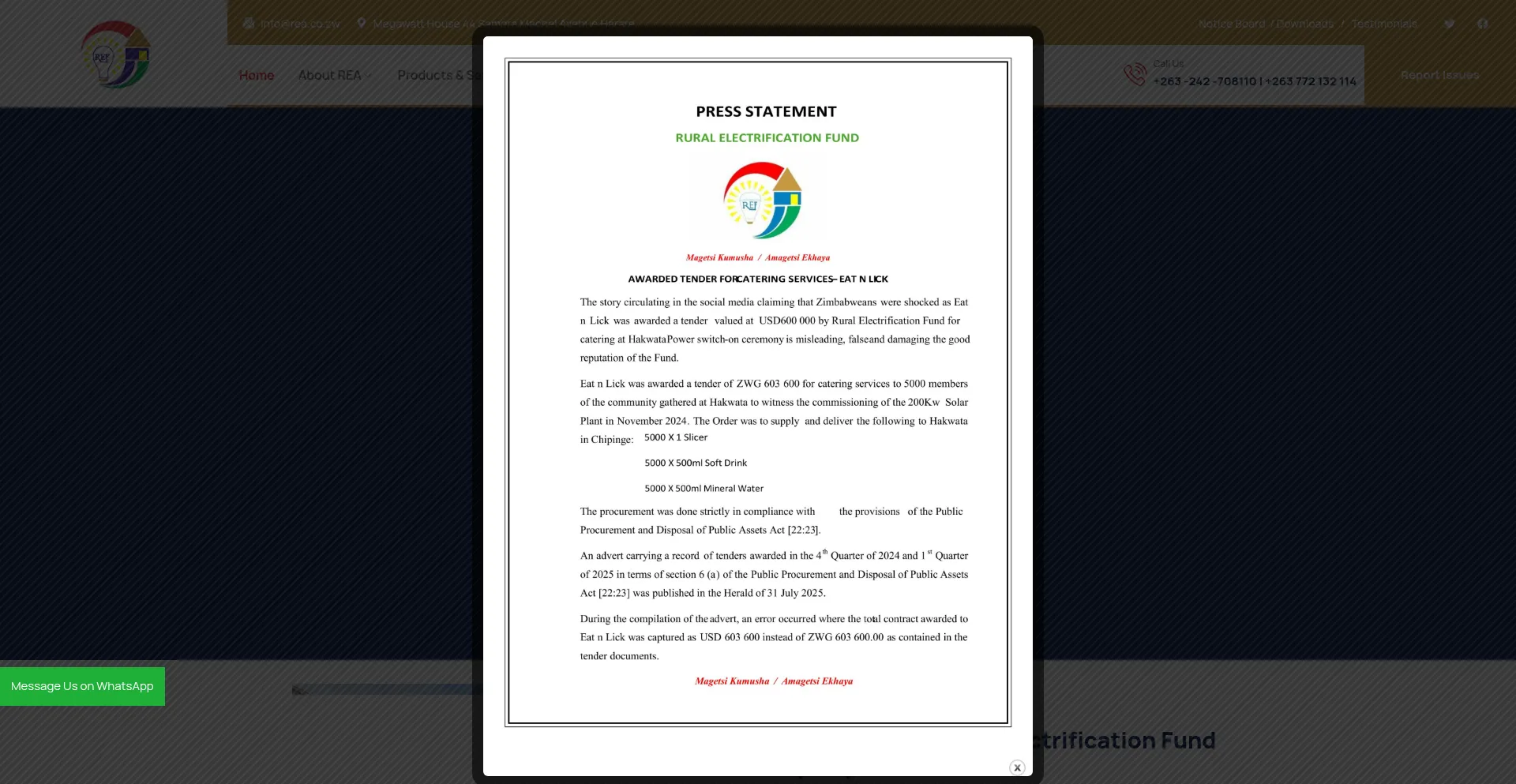 Website screenshot of Rea.co.zw