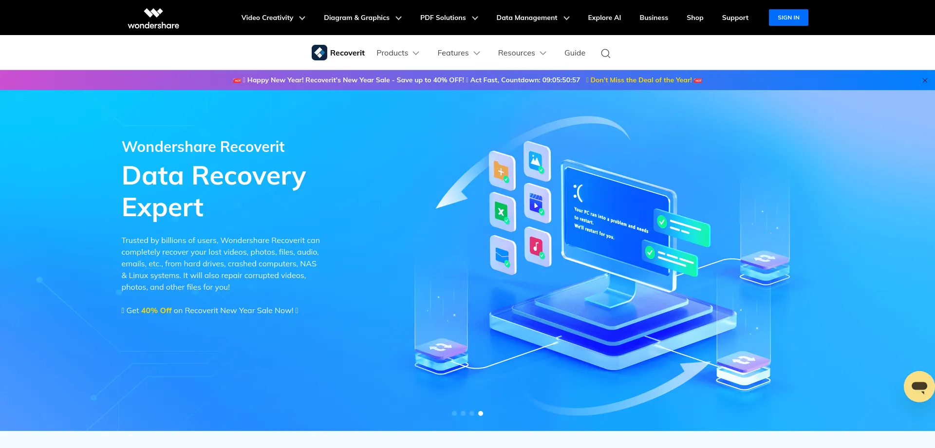 Website screenshot of Recoverit.wondershare.com