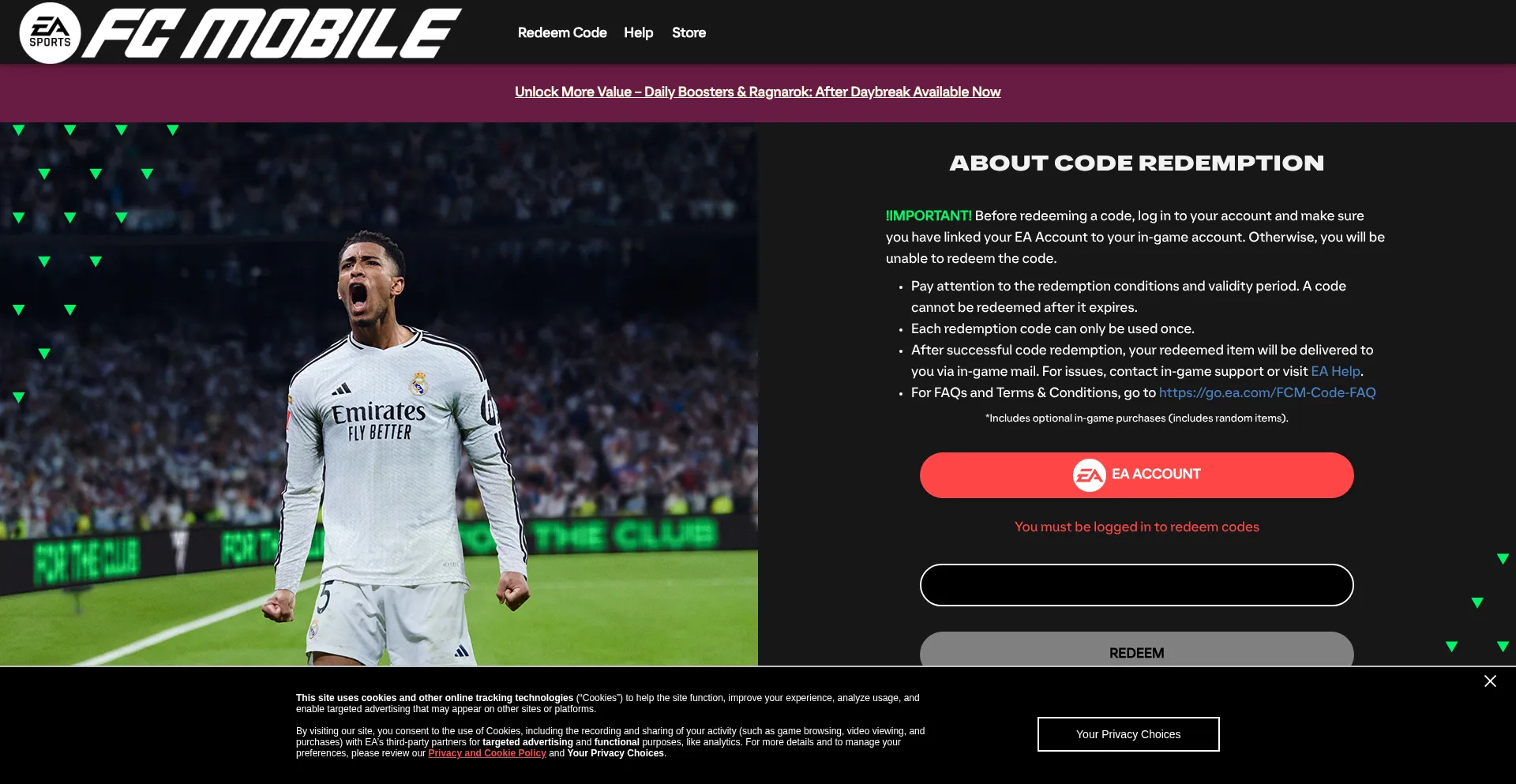 Website screenshot of Redeem.fcm.ea.com