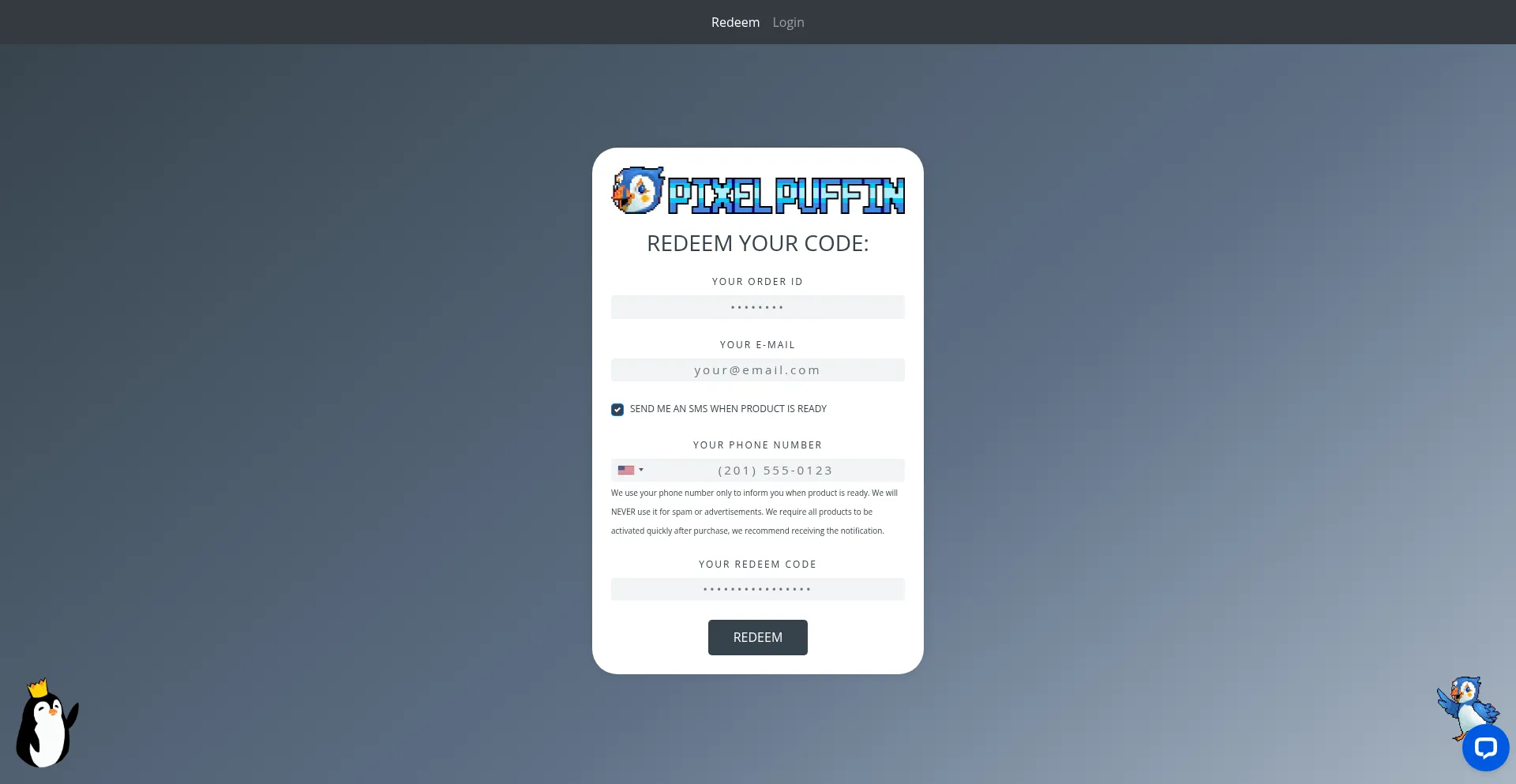 Website screenshot of Redeem.pixelpuffin.net