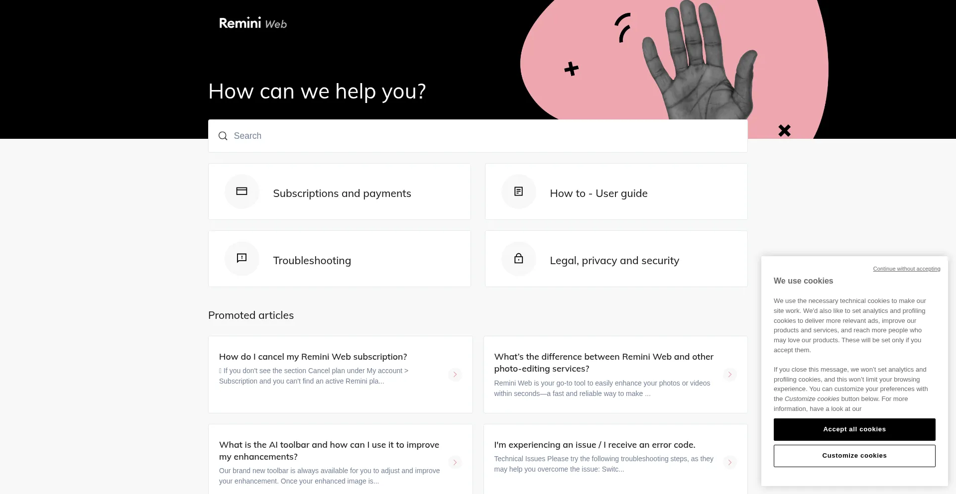 Website screenshot of Remini-web.zendesk.com