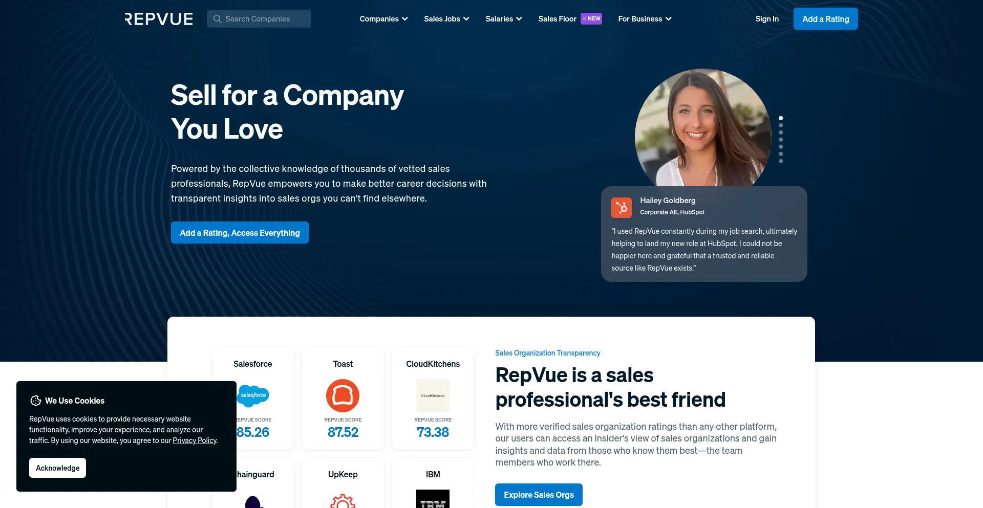 Website screenshot of Repvue.com