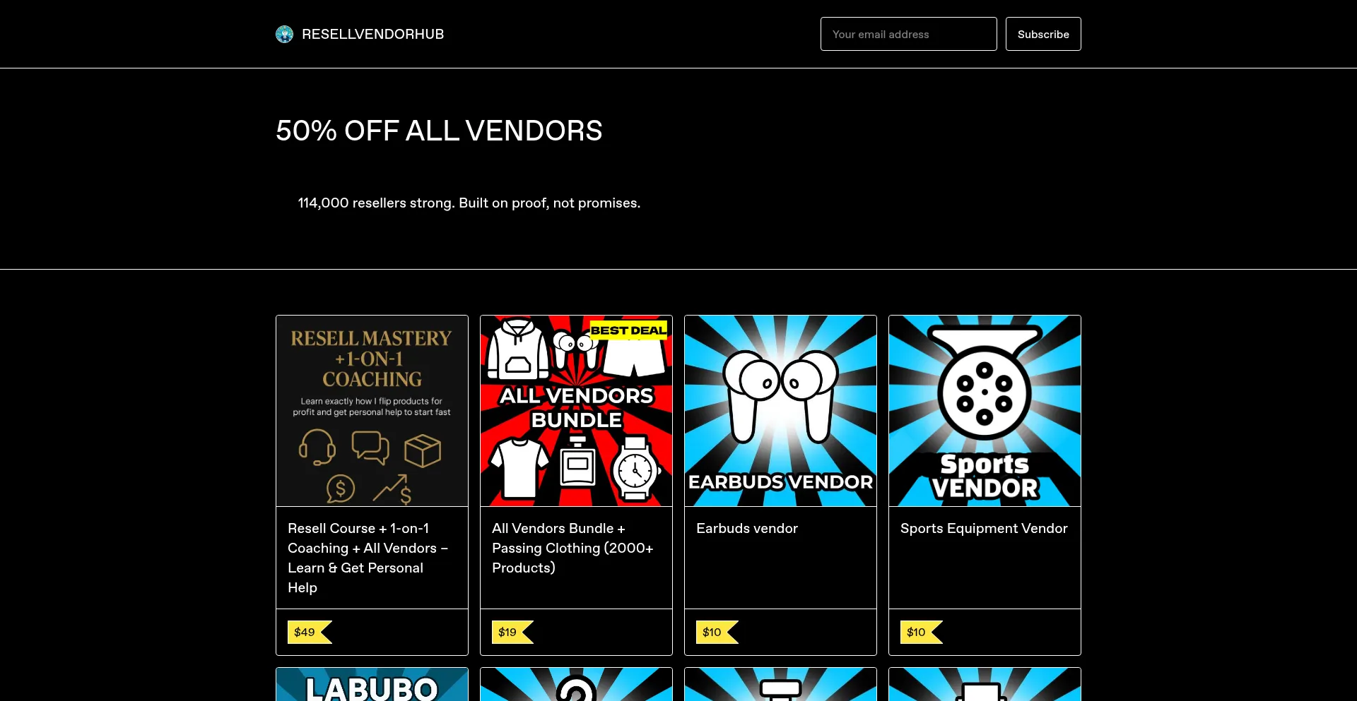 Website screenshot of Resellvendorhub.gumroad.com