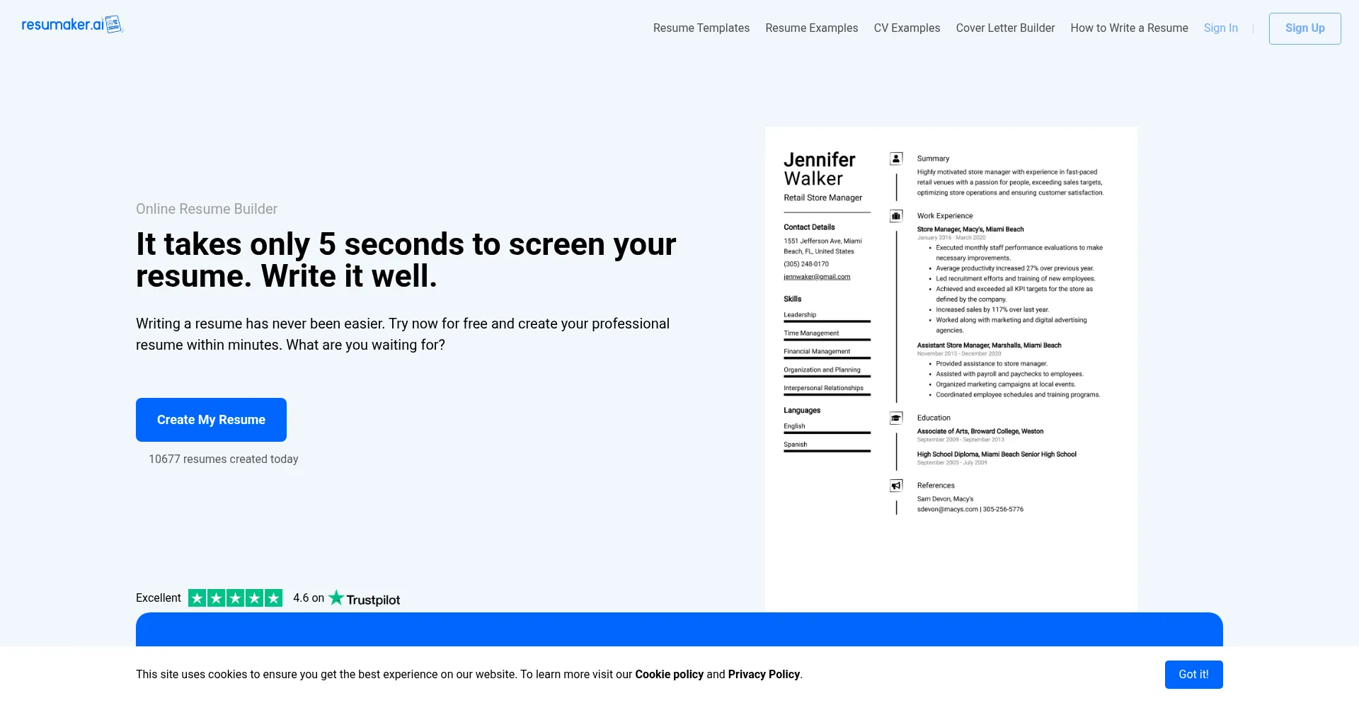 Website screenshot of Resumaker.ai