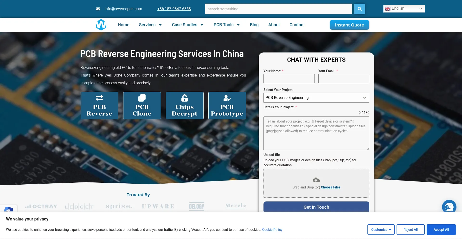 Website screenshot of Reversepcb.com