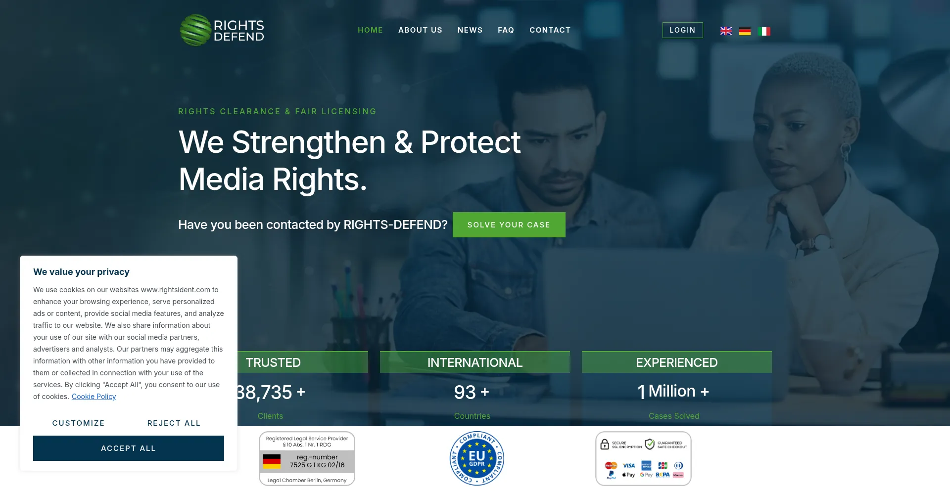 Website screenshot of Rightsdefend.com