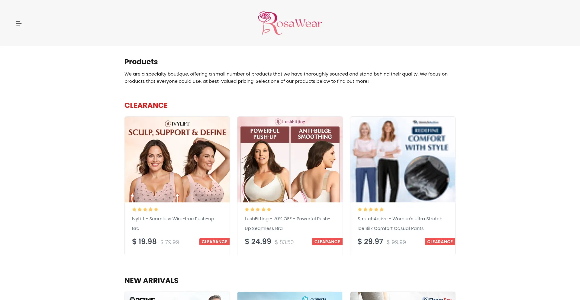 Website screenshot of Rosawear.com