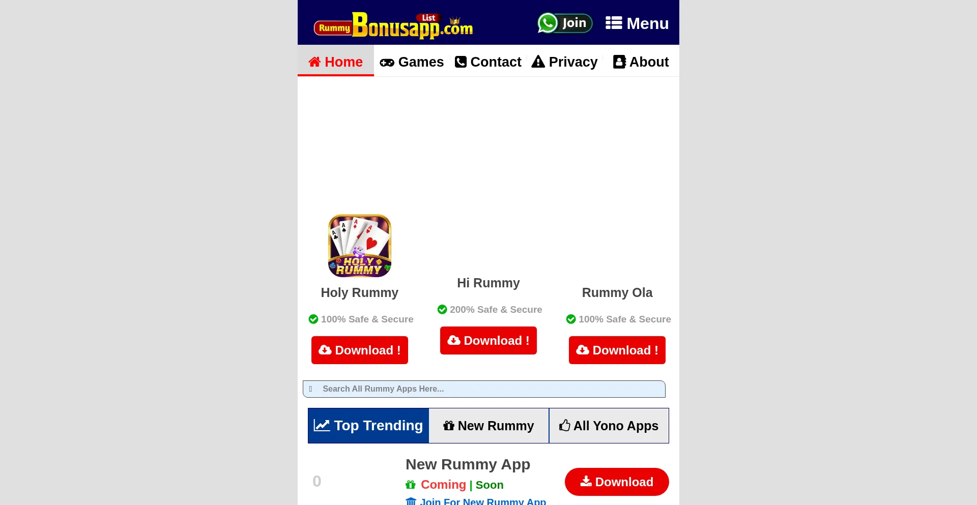 Website screenshot of Rummybonusapplist.com