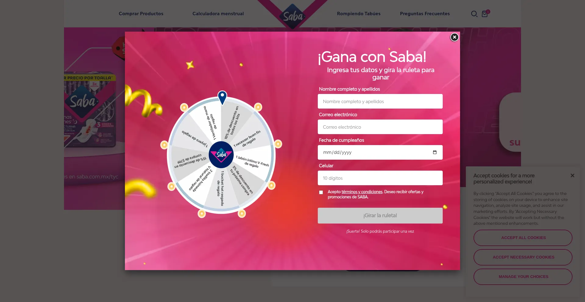 Website screenshot of Saba.com.mx
