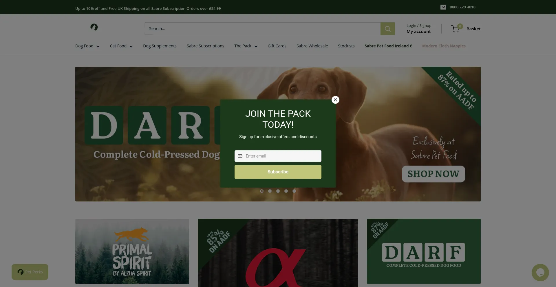 Website screenshot of Sabrepetfood.co.uk