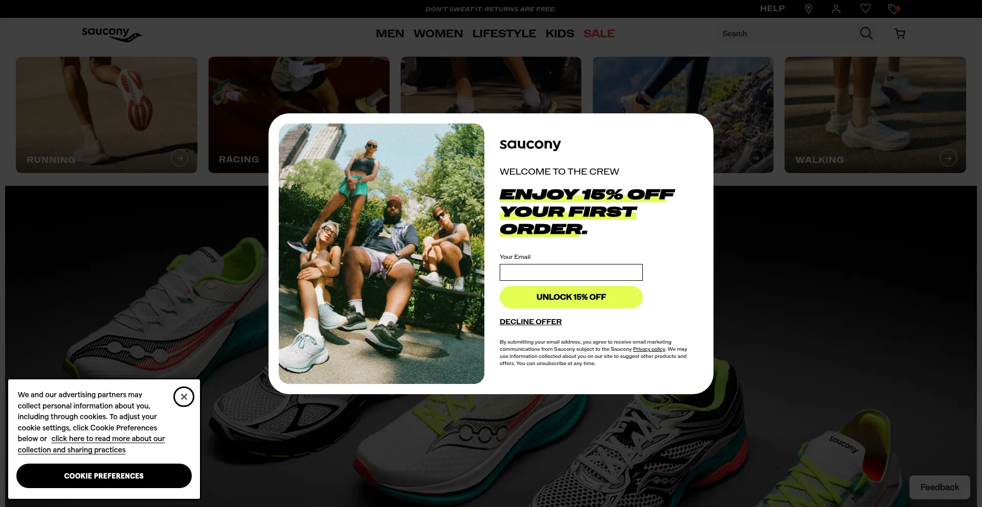 Website screenshot of Saucony.com