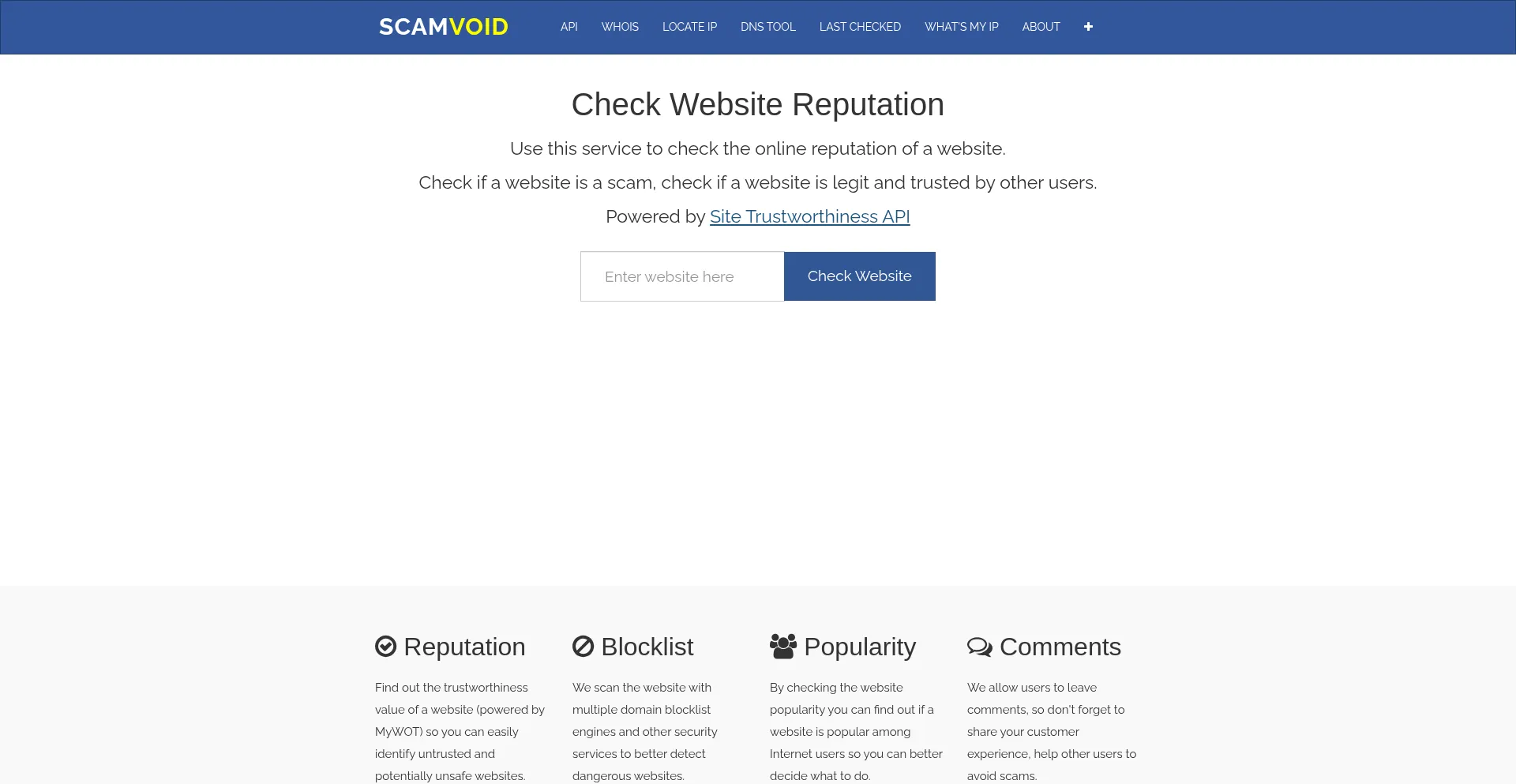 Website screenshot of Scamvoid.net