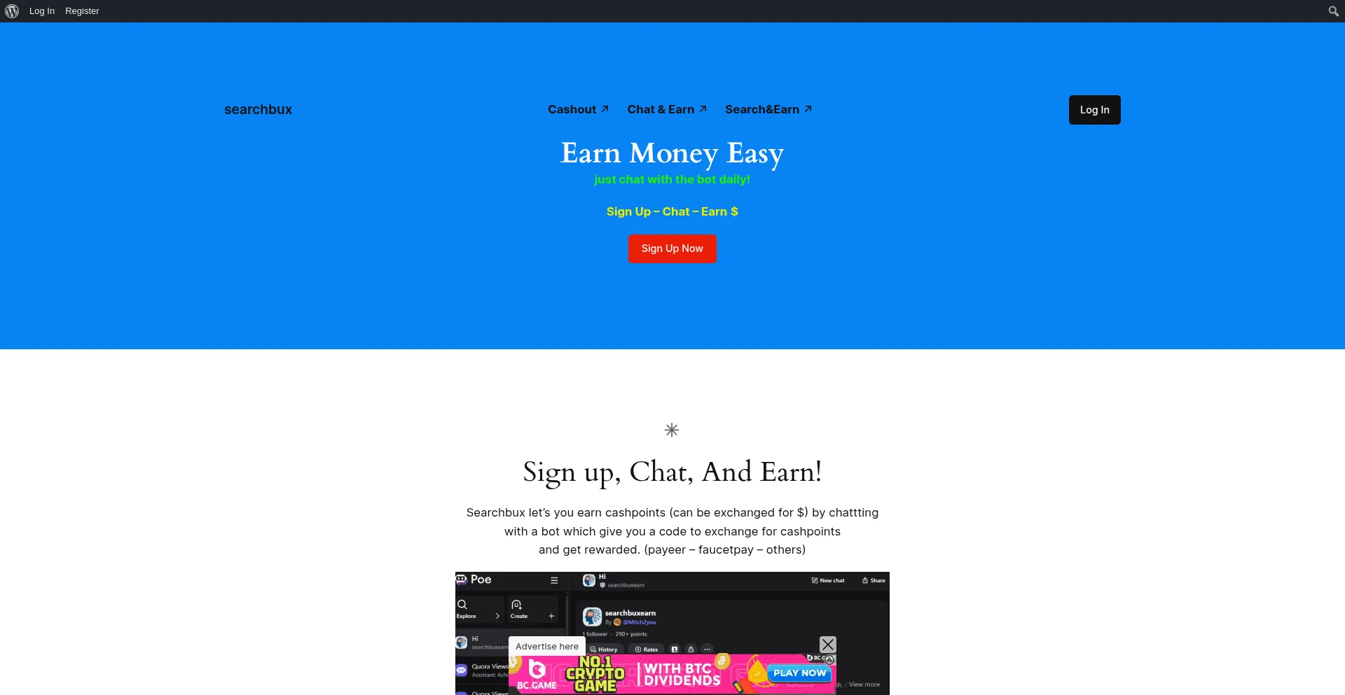 Website screenshot of Searchbux.com